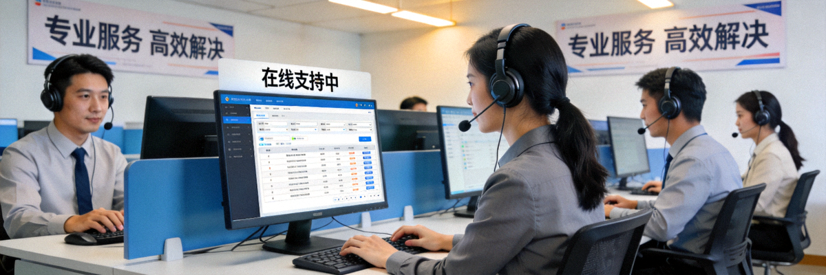 专业客服团队在现代化呼叫中心为客户提供在线支持的服务场景